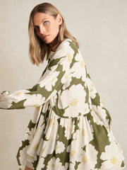 Floral Tie-Neck Swing Dress in Ivory/Green