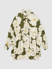 Floral Tie-Neck Swing Dress in Ivory/Green