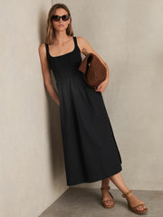 Perforated-Knit Cotton-Skirt Midi Dress in Navy