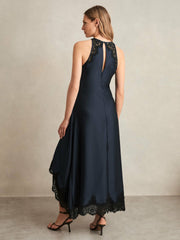 Satin Drape Lace-Trim Dress in Navy