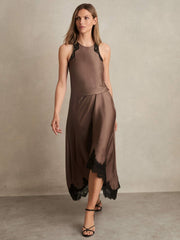 Petite Satin Drape Lace-Trim Dress in Mocha Brown