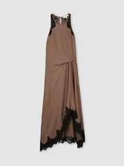 Petite Satin Drape Lace-Trim Dress in Mocha Brown