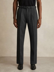 Wool-Blend Belted Pleated Trousers Regular-Fit in Charcoal Grey