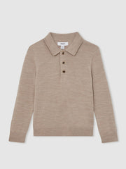 9-13 yrs Merino Wool Long-Sleeve Polo Shirt in Wheat Melange
