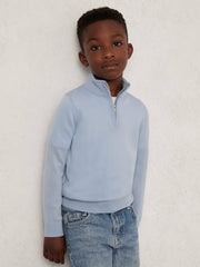 9-13 yrs Merino Wool Half-Zip Funnel Neck Jumper in Soft Blue Melange