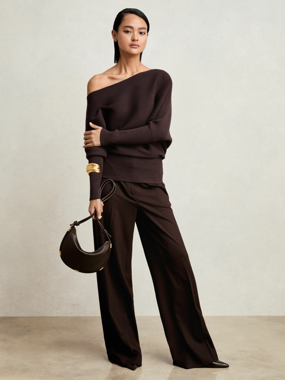 Asymmetric Draped Knitted Jumper in Plum