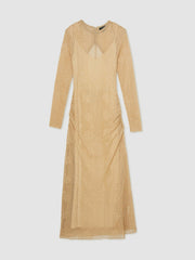 Lace-Knit Ruched Maxi Dress in Gold