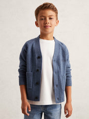 9-13 yrs Wool Embroidered-Logo Cardigan in Dark Airforce Blue