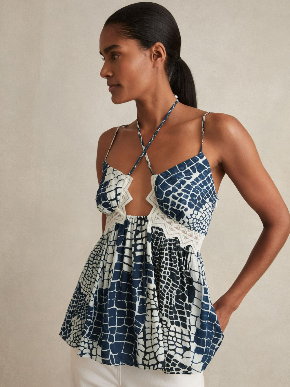 Animal Print Lace Trim Cami Top in Blue
