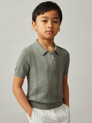 13-14 yrs Half-Zip Pointelle Polo Shirt in Sage