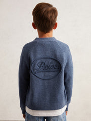 13-14 yrs Wool Embroidered-Logo Cardigan in Dark Airforce Blue