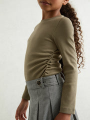 4-9 yrs Cotton Ruched Long-Sleeve T-Shirt with Stretch in Khaki