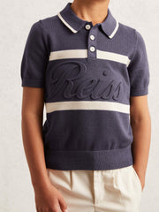 13-14 yrs Cotton Logo-Embossed Knit Polo Shirt in Indigo Blue/White