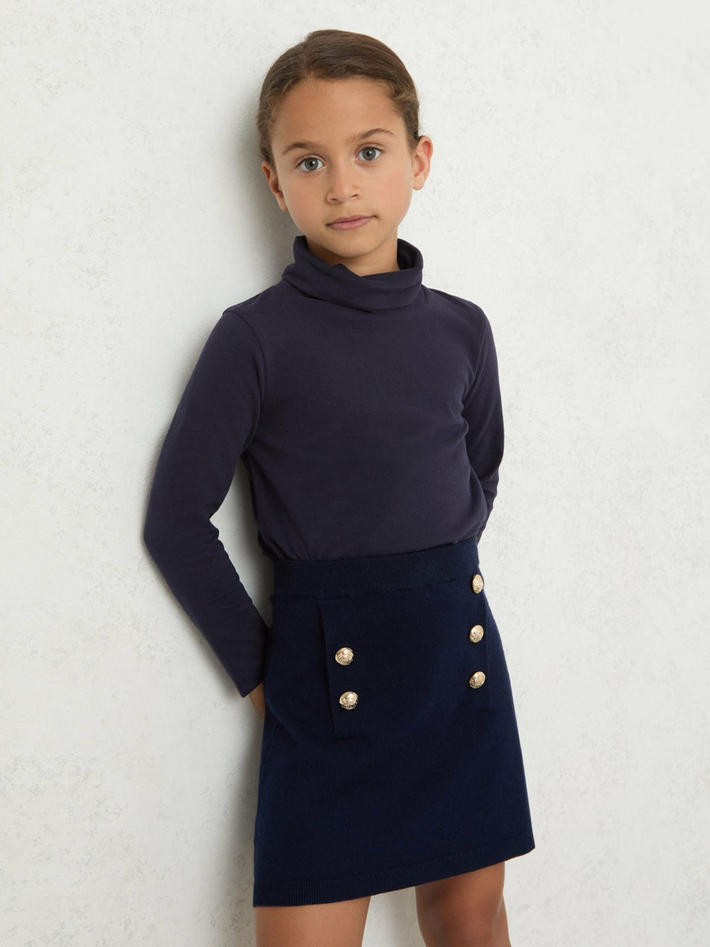 3-9 yrs Cotton-Jersey Roll-Neck Top with Stretch in Navy