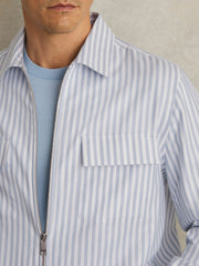 Cotton Stripe Zip-Through Shirt in White/Soft Blue