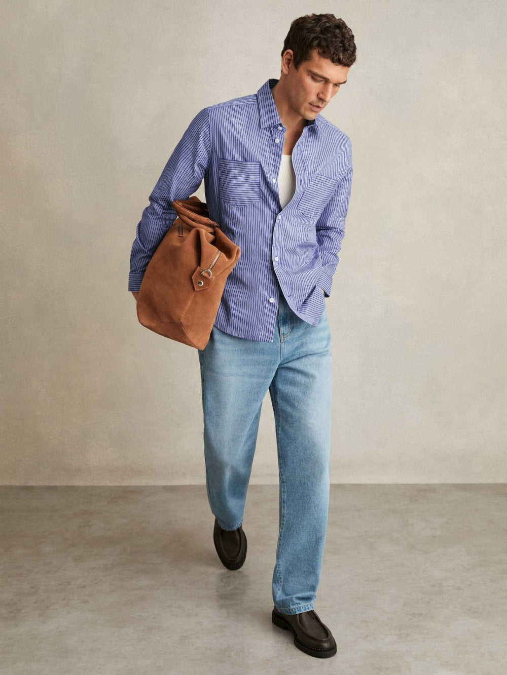Cotton-Poplin Stripe Twin-Pocket Shirt in Blue/White