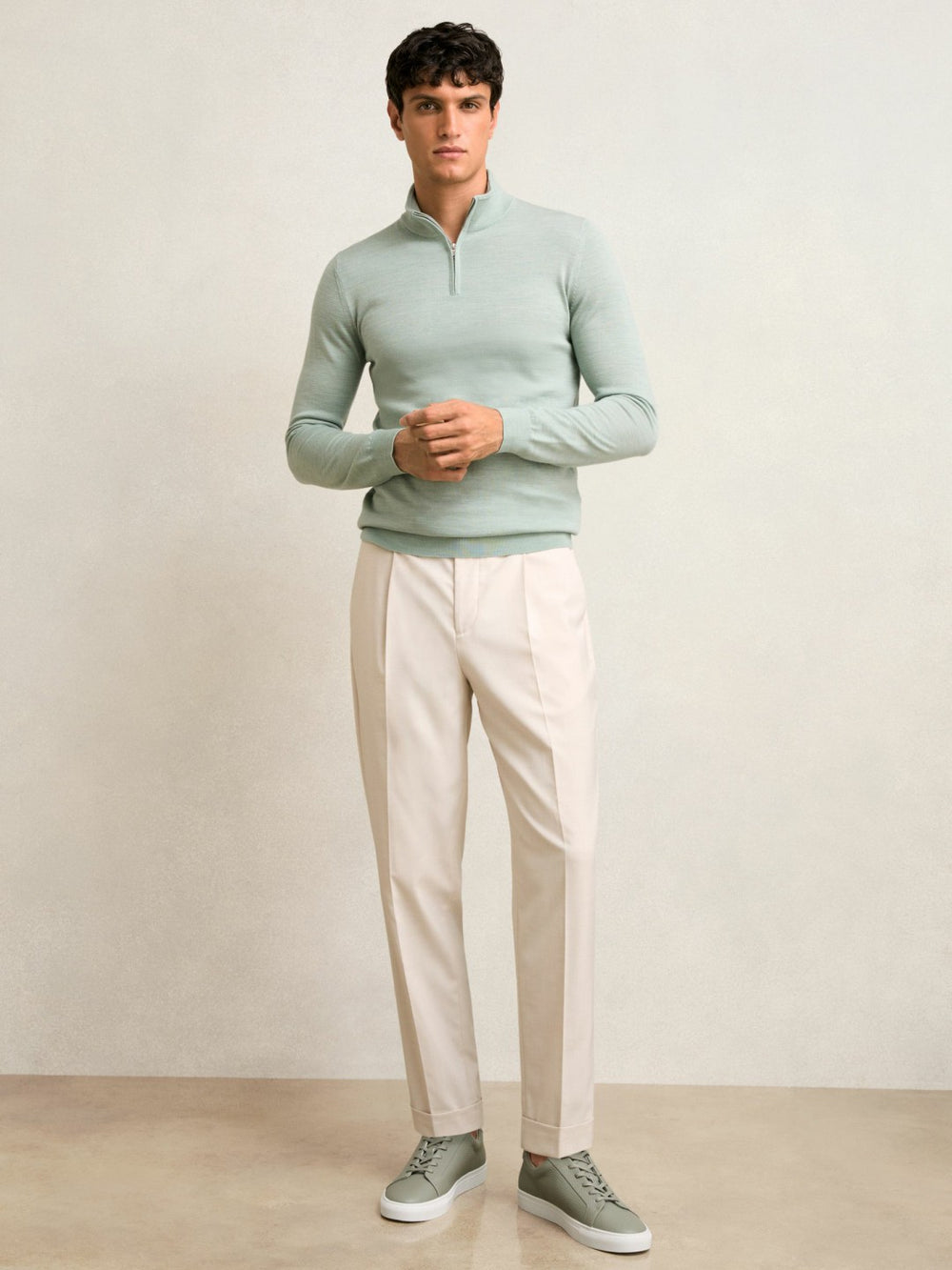 Merino Wool Half-Zip Jumper in Sage Green Melange