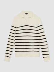 Cotton Blend Stripe Knit Polo Shirt in Warm Stone/Black