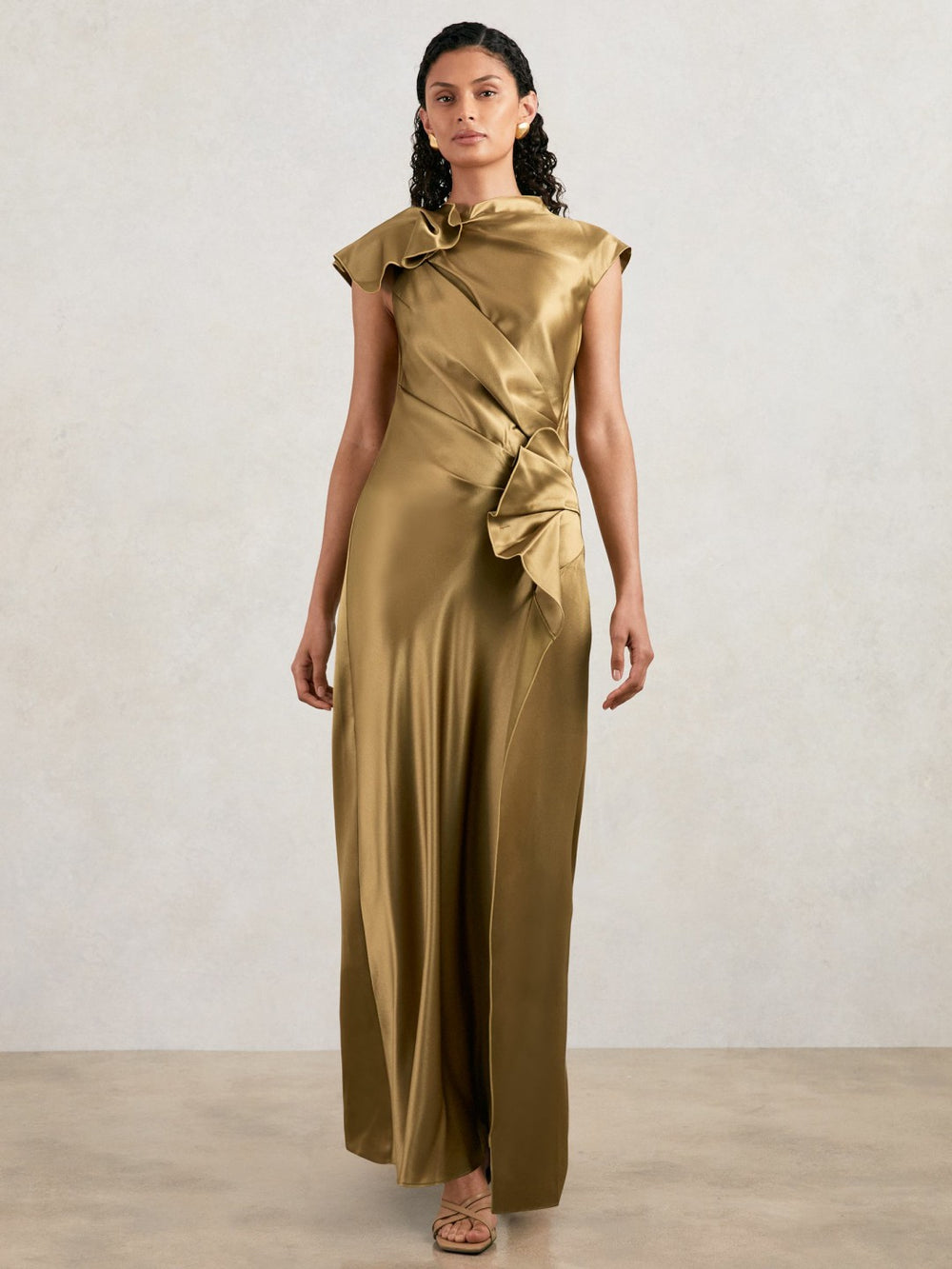 Acler Draped Satin Midi Dress in Gold Moss