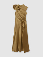 Acler Draped Satin Midi Dress in Gold Moss