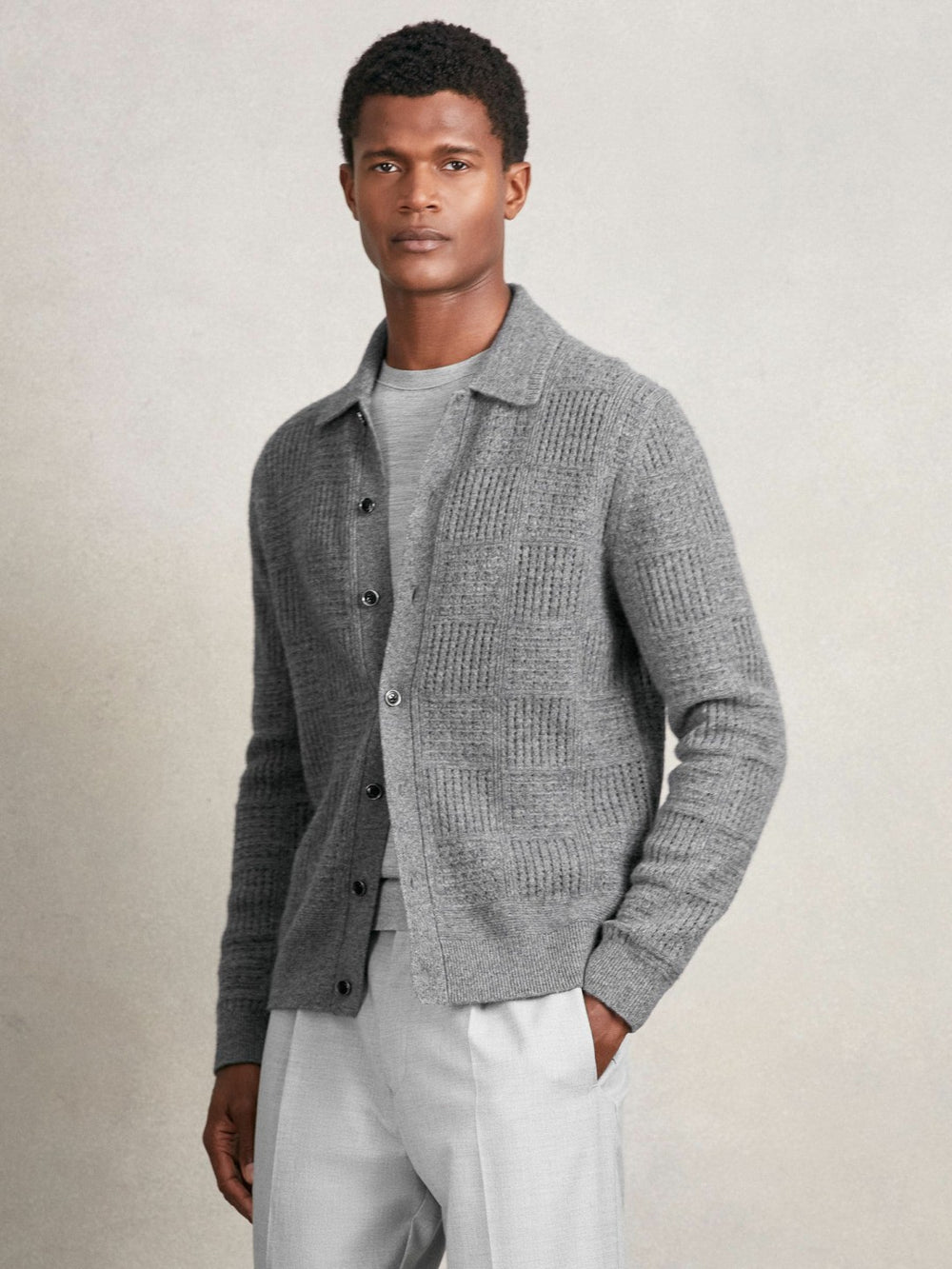 Wool Button Through Pointelle Shirt in Mid Grey