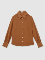 Silk Embossed-Button Shirt in Tan Brown