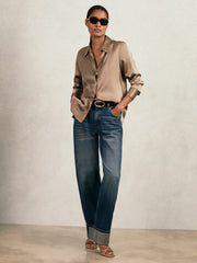 Silk-Satin Concealed-Placket Shirt in Taupe Brown
