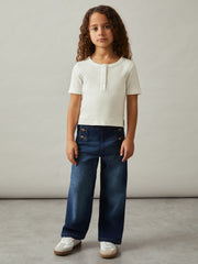 3-9 yrs Cotton Pointelle Button T-Shirt in Ivory