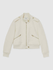 Brushed Wool Epaulette Bomber Jacket in Cream