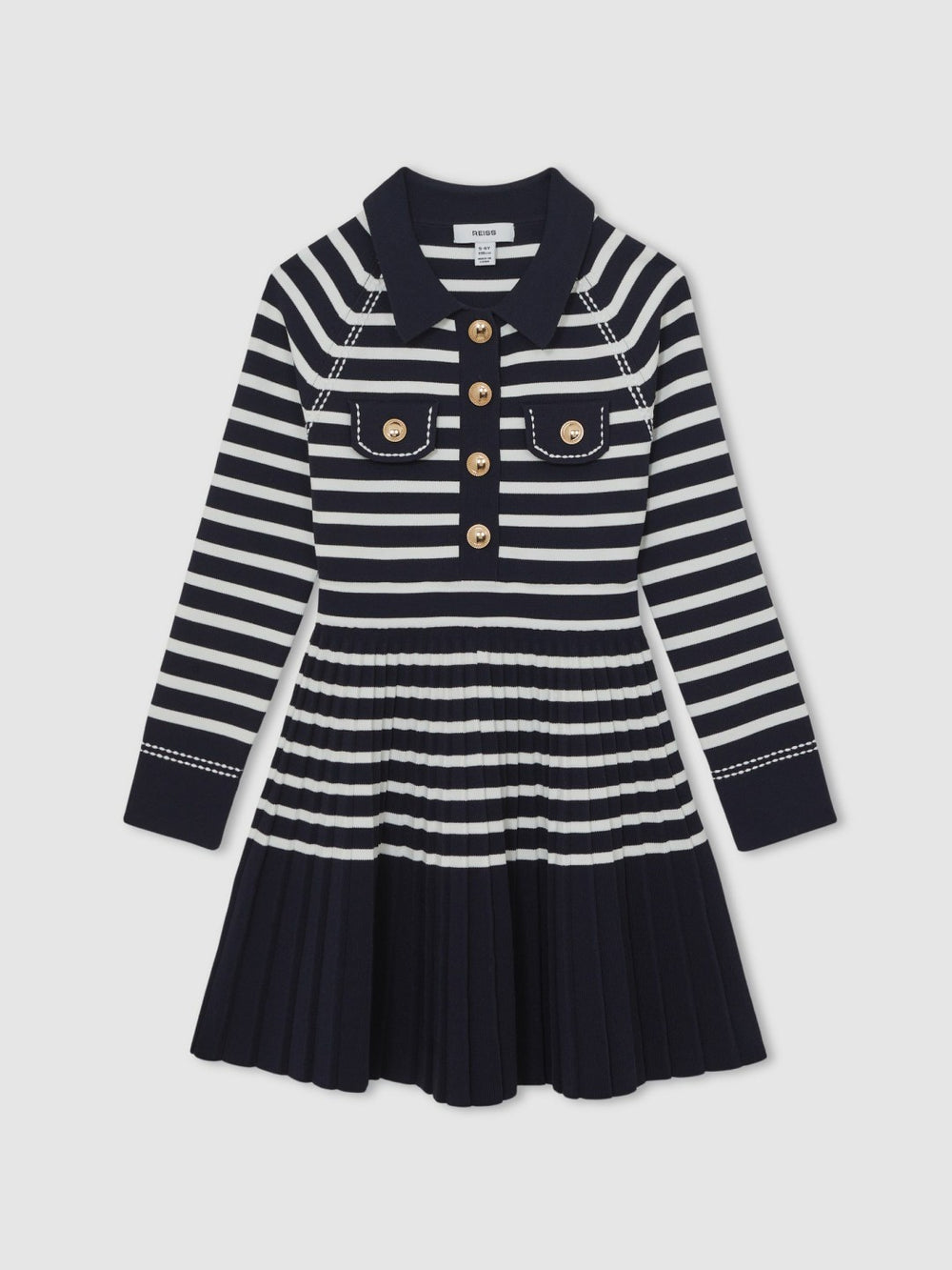 13-14 yrs Button-Detail Stripe Knitted Dress in Navy/White
