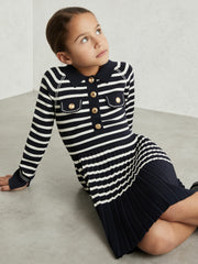 13-14 yrs Button-Detail Stripe Knitted Dress in Navy/White