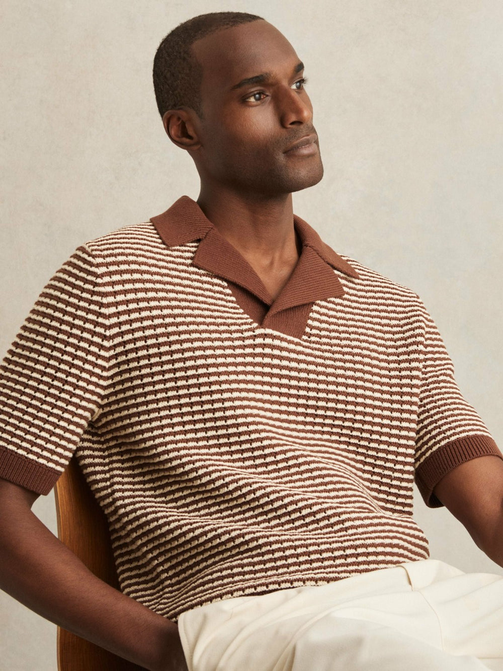 Cotton Textured Knit Stripe Polo Shirt in Tobacco Brown/ Off White