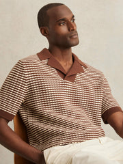 Cotton Textured Knit Stripe Polo Shirt in Tobacco Brown/ Off White