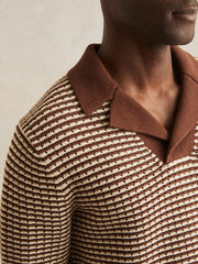 Cotton Textured Knit Stripe Polo Shirt in Tobacco Brown/ Off White