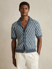 Cotton Checkerboard-Knit Shirt in Airforce Blue/Soft Blue