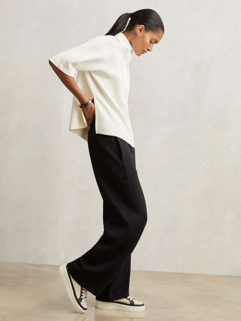 Petite Wide-Leg Interlock Drawstring Joggers in Black