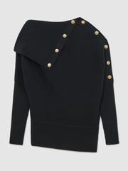 Rib-Knit Button Shawl Jumper in Navy