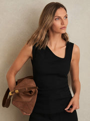 Stretch-Cotton Ribbed Asymmetric Vest in Black