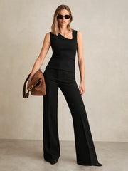 Stretch-Cotton Ribbed Asymmetric Vest in Black