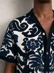Paisley Jacquard Knit Shirt in Navy Blue/White