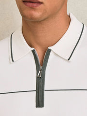 Half Zip Tipped Polo Shirt in White/Green