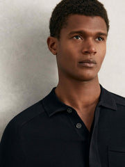Cotton Concealed Placket Polo Shirt in Navy