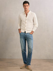 Wool V-Stitch Button-Through Cardigan in Off White