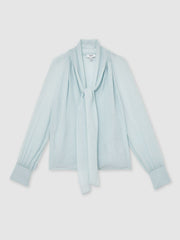 Silk Blend Chiffon Tie-Neck Blouse in Pale Blue