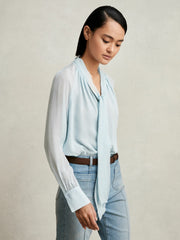 Silk Blend Chiffon Tie-Neck Blouse in Pale Blue