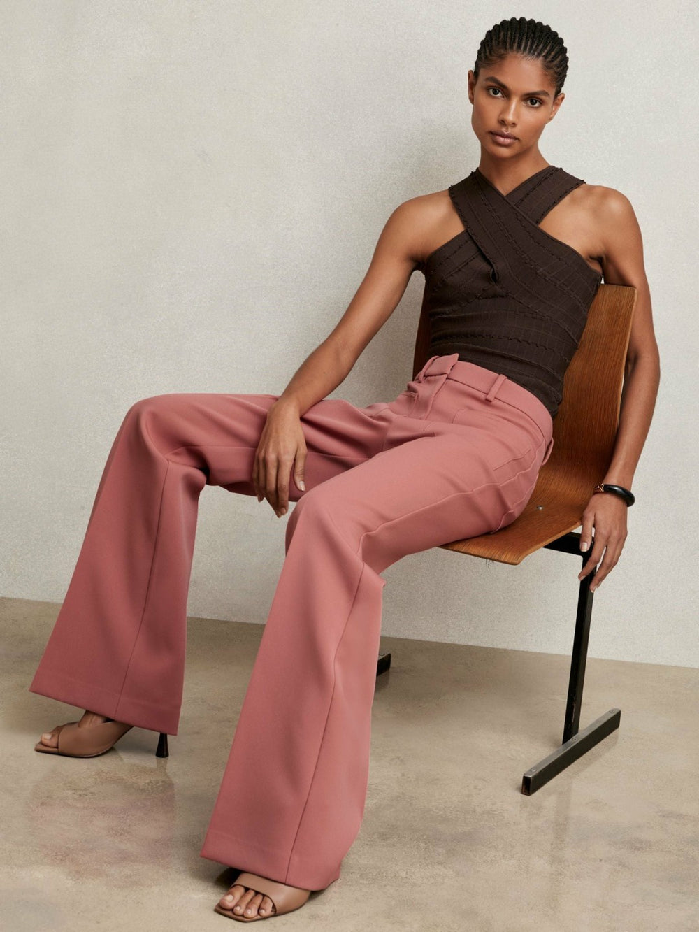 Petite Twill Patch-Pocket Flared Trousers in Pink