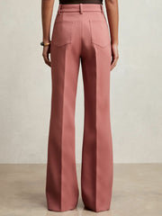 Petite Twill Patch-Pocket Flared Trousers in Pink