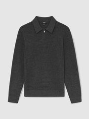 Wool Waffle-Knit Half-Zip Polo Shirt in Charcoal Grey