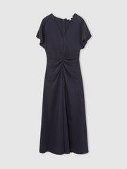 Petite Ruched-Front Midi Dress in Navy
