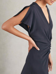 Petite Ruched-Front Midi Dress in Navy